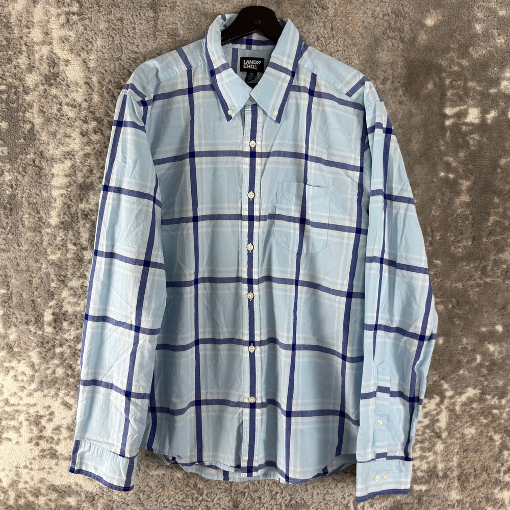 Lands' End Size XL Traditional Fit Plaid Button Down Shirt Blue Long Sleeve Mens